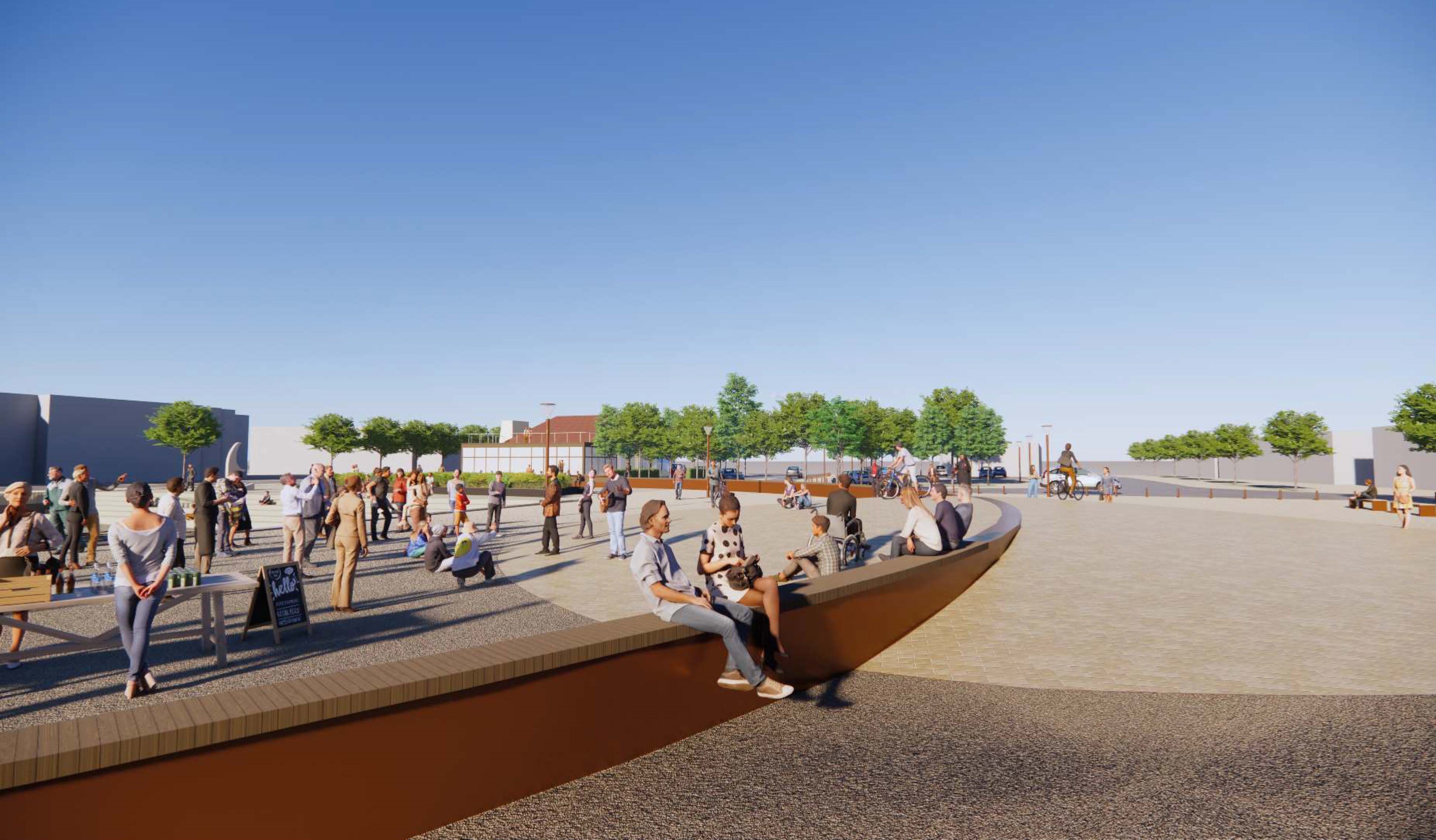 Visualisering kystbeskyttelsesmuren udformet som en stor bænk på havnepladsen. Illustrationen er udarbejdet af LYTT Architecture.