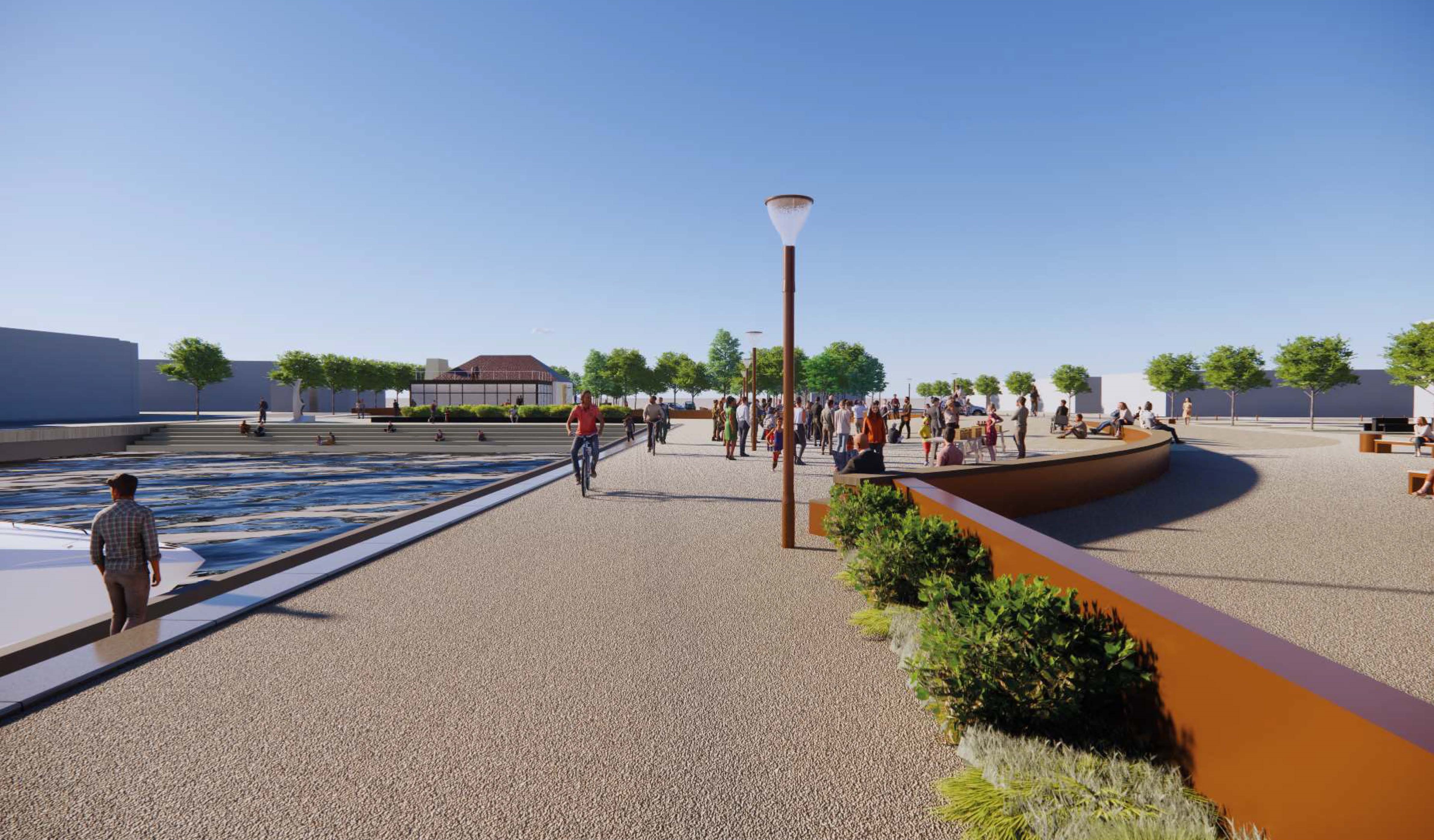 På visualiseringen ses beskyttelsesmuren på beplantning på ydersiden.
