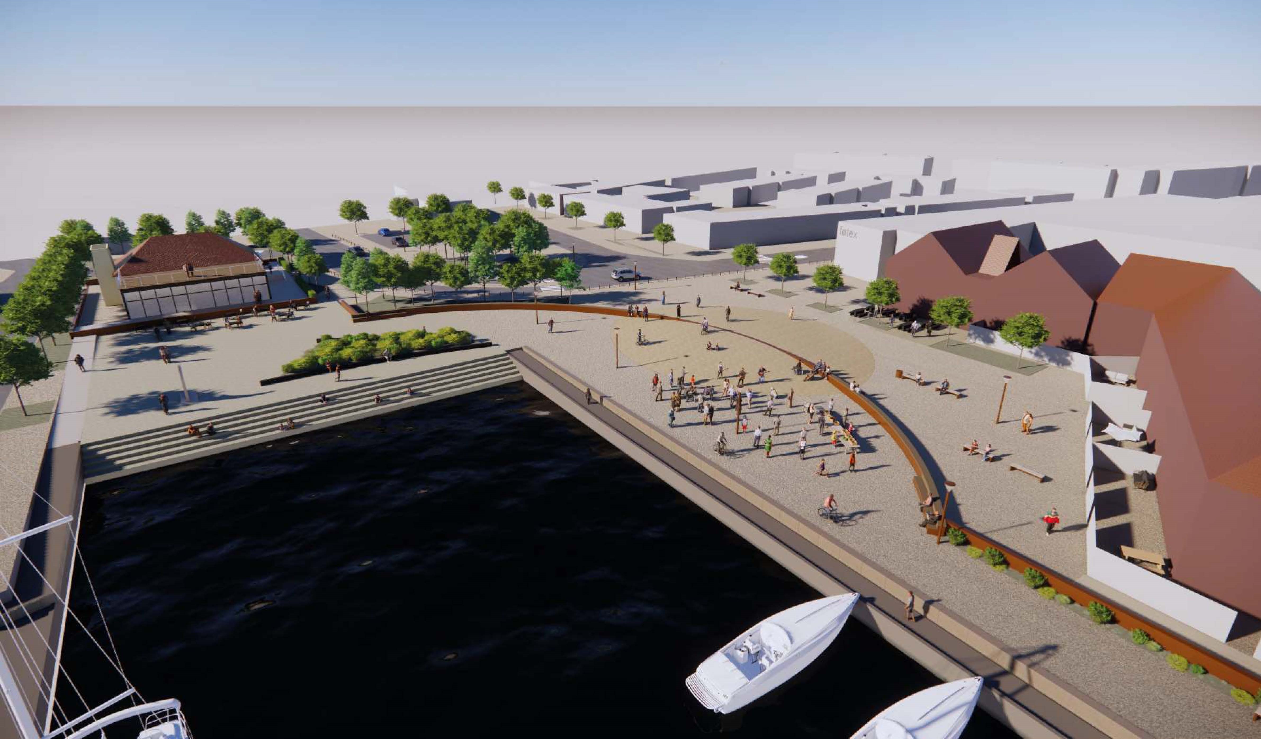 Visualisering af projektet på havnepladsen, set i fugleperspektiv. Illustrationen er udarbejdet af LYTT Architecture.