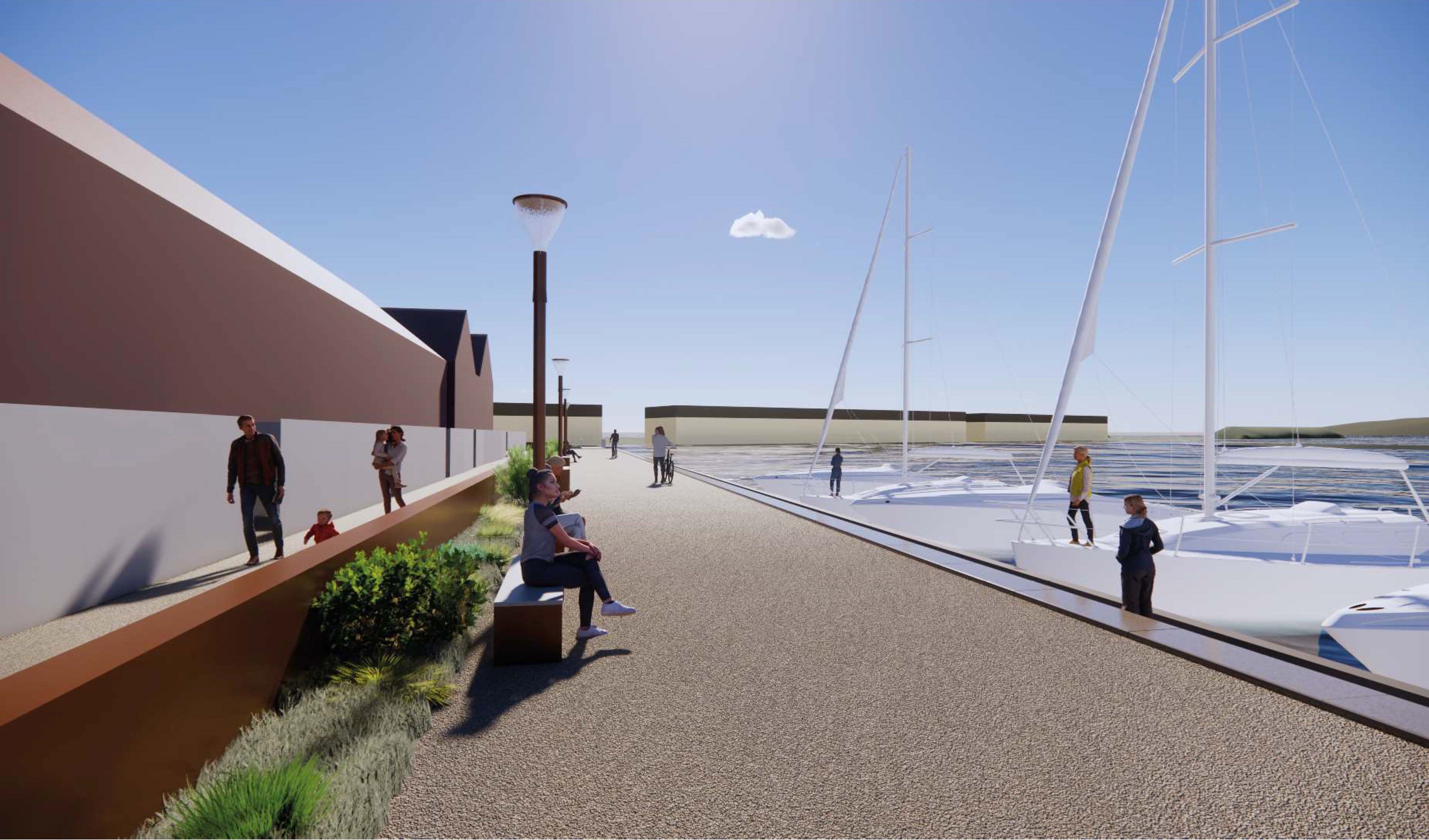 På visualiseringen ses beskyttelsesmuren med beplantning på ydersiden mod syd.