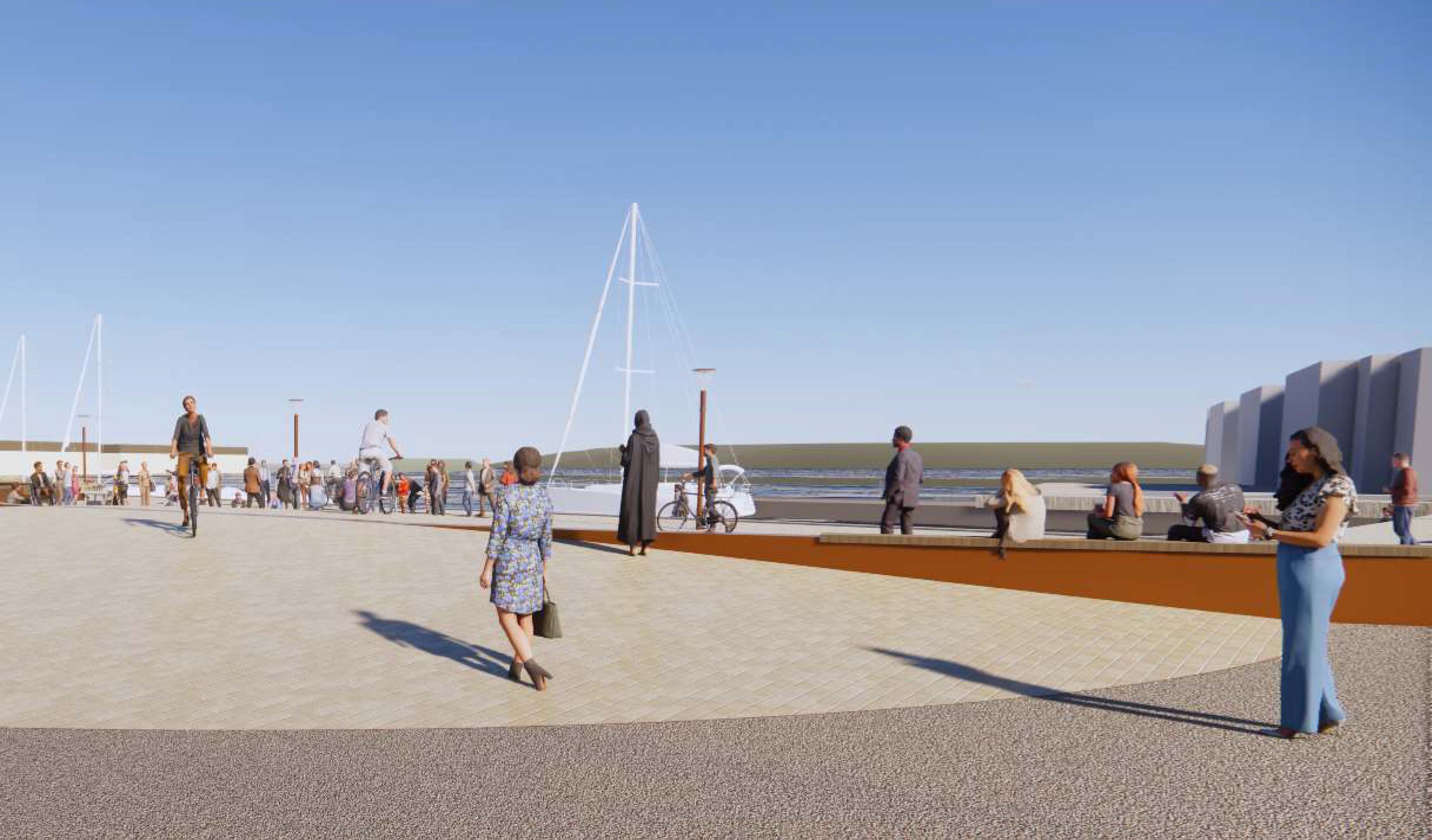 Visualiseringen viser ankomsten til havnepladsen fra Havnegade.