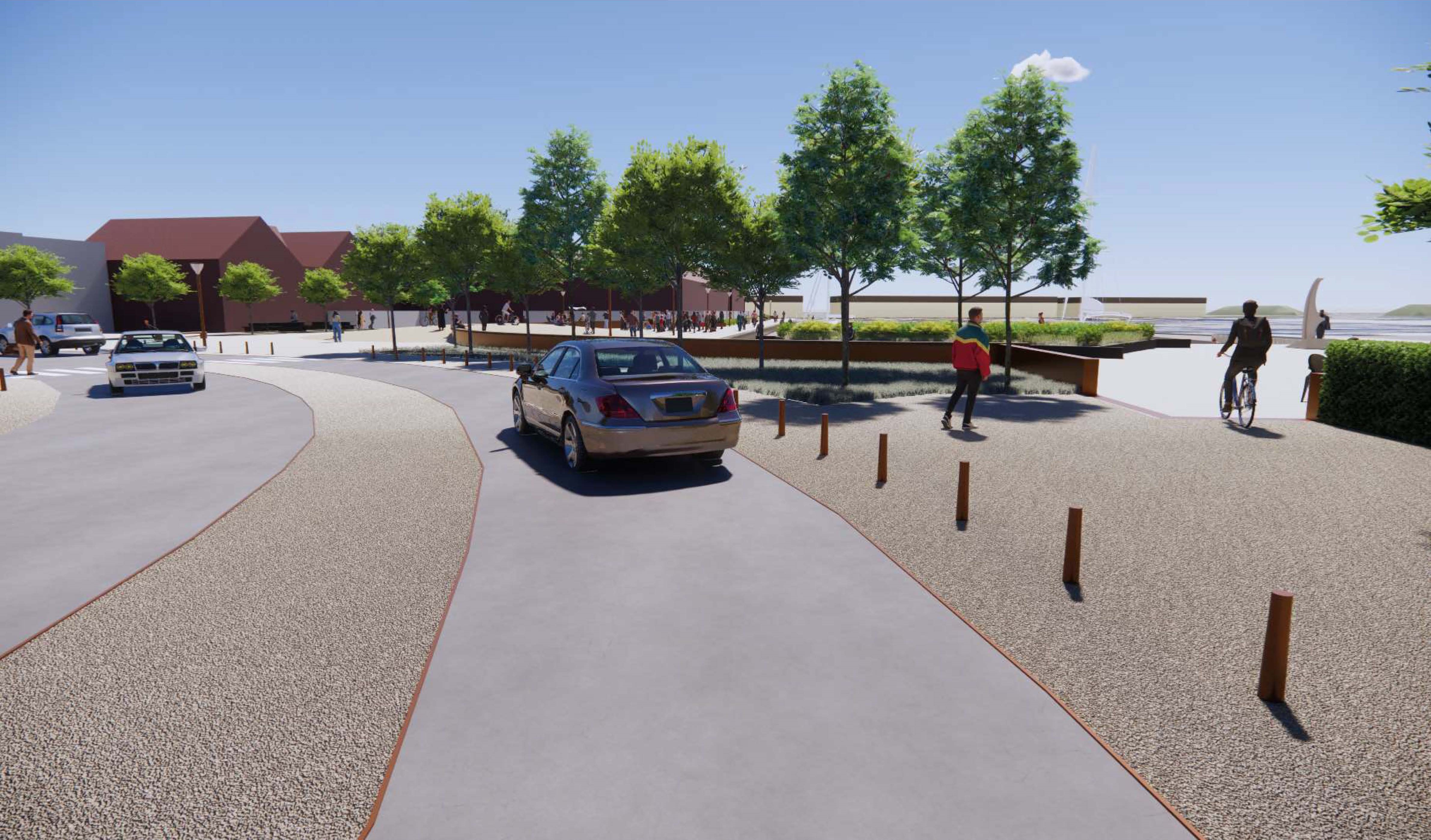 Visualiseringen viser projektet set fra en forbipasserende bil på Færgevej. Illustrationen er udarbejdet af LYTT Architecture.