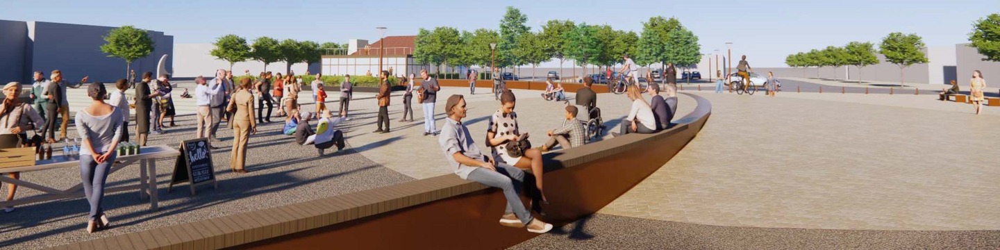 Billede viser visualisering af beskyttelsesmur på havnepladsen, der kan bruges som siddemøbel.