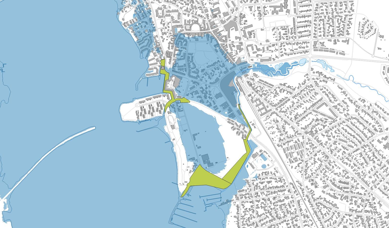 det blå areal er de områder, som vil blive berørt af vand, ved en havvandsstigning til kote 1,8. De grønne areal er projektområderne. 
